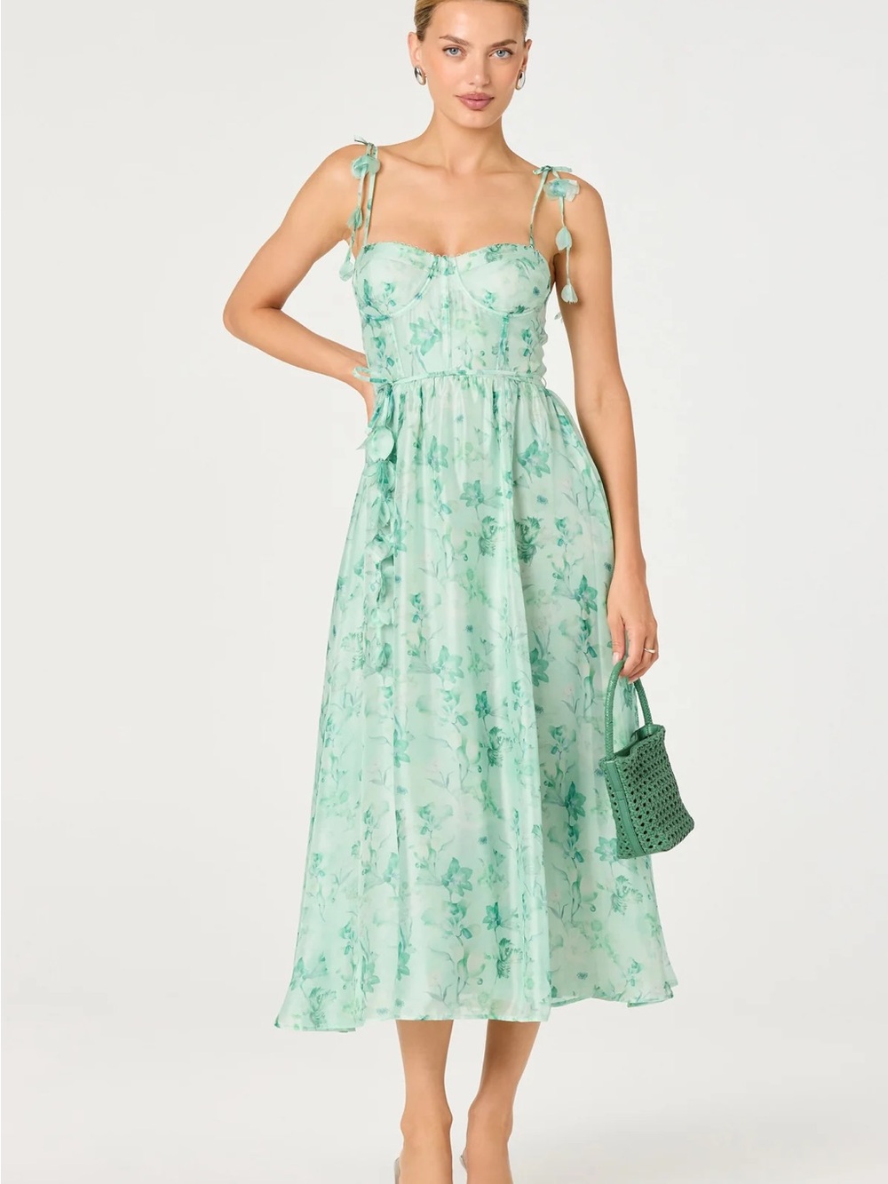 Astr Mint Floral Tie-Strap Midi Dress